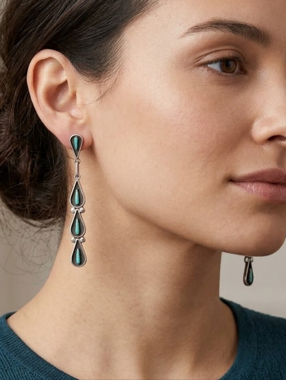 OLD VTG ZUNI Pierced Post EARRINGS TURQUOISE PETITPOINT~LONG DROP~ 2.75 Inches